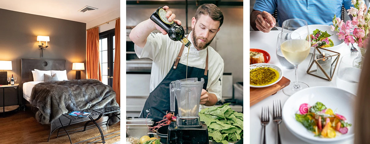 interior suite at Hotel Domestique, Chef Hayden Shaak prepares dinner, plated beat salad at Restaurant 17