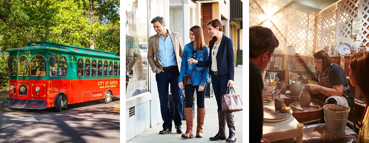 Orange and green City of Aiken trolley tour, a family shopping in downtown Aiken, watering a potter at work