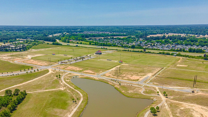 Aerial view of Florence Soccer Complex with 10 fields and pond