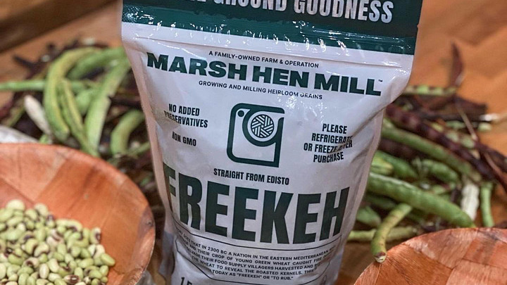 Bag of Marsh Hen Mill freekeh with fresh peas