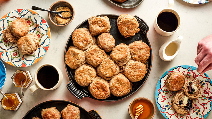buttermilk biscuit spread with coffee, honey and jam