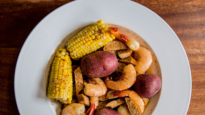 Bowl of shrimp, potatoes, corn - Lowcountry Boil from Plums